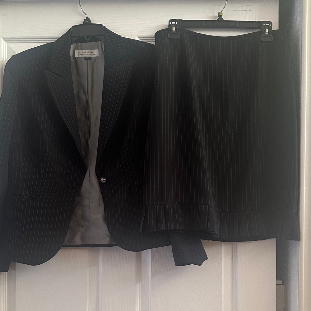 Tahari ASL Charcoal Pinstripe Blazer and Skirt Set